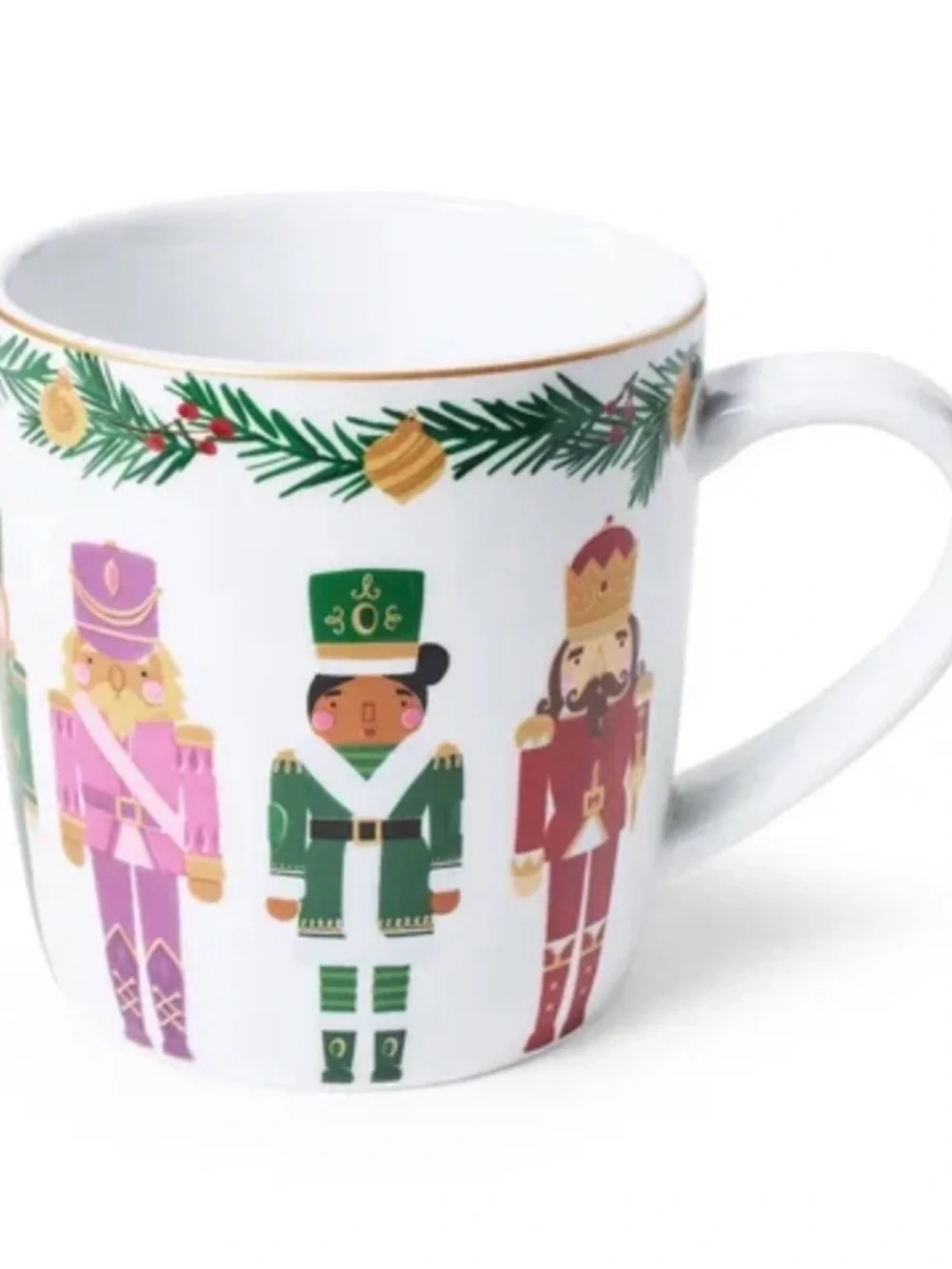 Holiday Nutcracker Ceramic Mug White Festive Green Pink Accents new Sur La Table